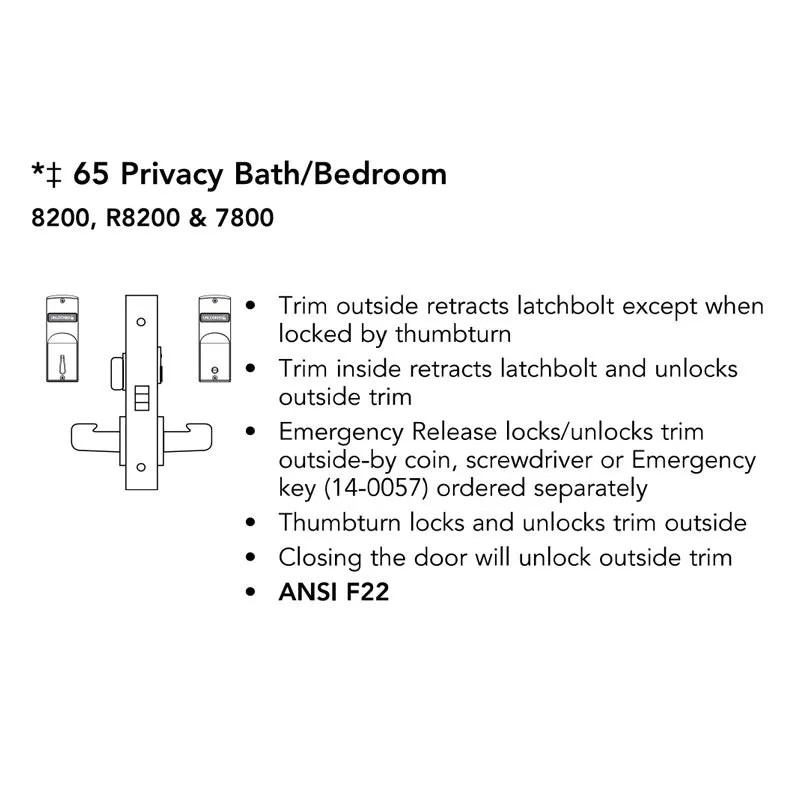 Sargent 8265-LNL Privacy Bedroom or Bath Mortise Lock, L - Lever, LN - Rose, Field Reversible, Grade 1