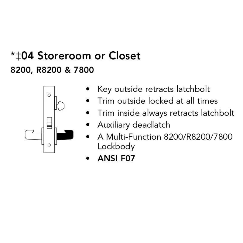 Sargent LC-8204-LNMI Storeroom or Closet Mortise Lock, MI - Lever, LN - Rose, Field Reversible, Less Cylinder