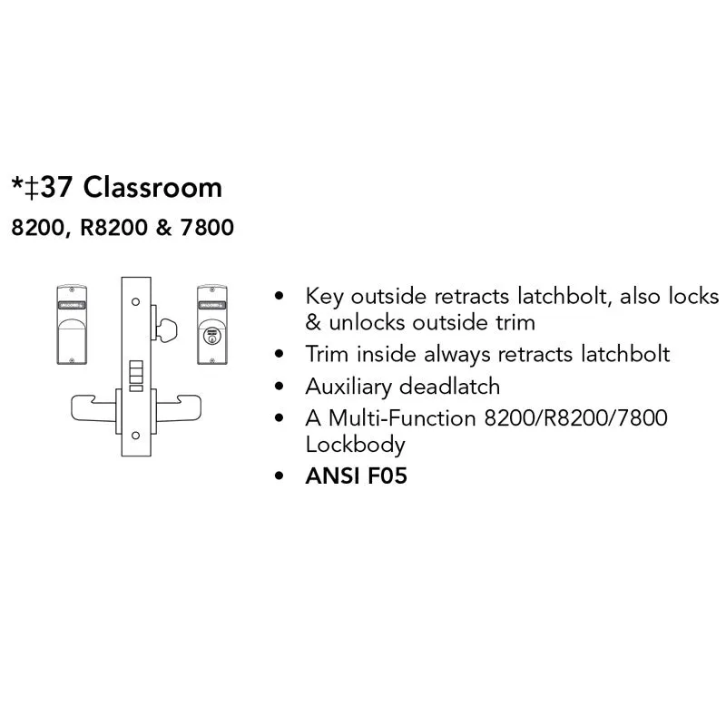Sargent RX-LC-8237-24V-LNP Classroom 24V Electrified Mortise Lock, LN Rose, P Lever, RX Switch, Less Cylinder