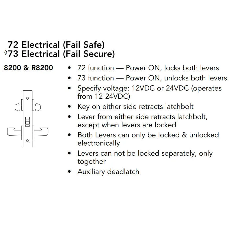 Sargent RX-LC-8273-24V LNL 32D Fail Secure 24V Electrified Mortise Lock, LN Rose, L Lever, Less Cylinder, RX Switch, Satin Stainless Steel