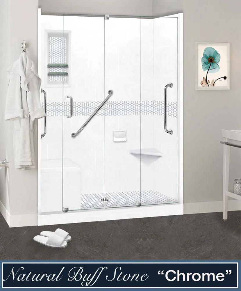 Stone Threshold, Casings and Sliding Shower Door, Easy Remodel Kit