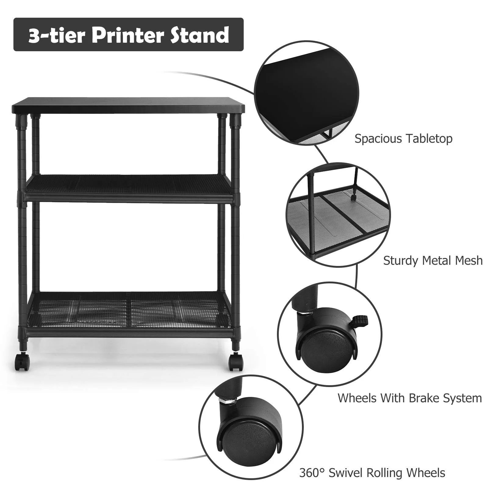 Tangkula 3-Tier Printer Stand Printer Cart, Multifunctional Utility Cart w/ Ample Storage Space