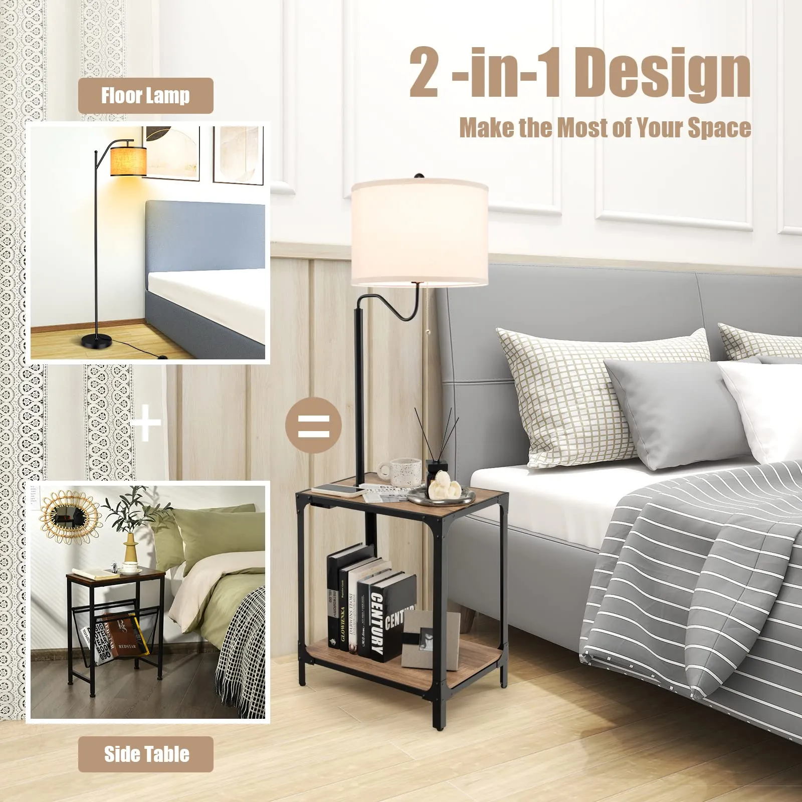 Tangkula Floor Lamp with End Table and USB Charging Ports