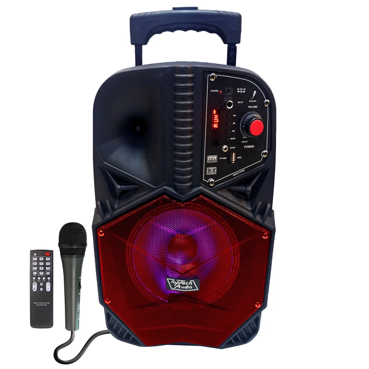 TOPTECH BLADE-8, 8-Inch 1600W Peak Power Portable Bluetooth Speaker with LED Lights & Microphone, Trolley Handle for Easy Transport