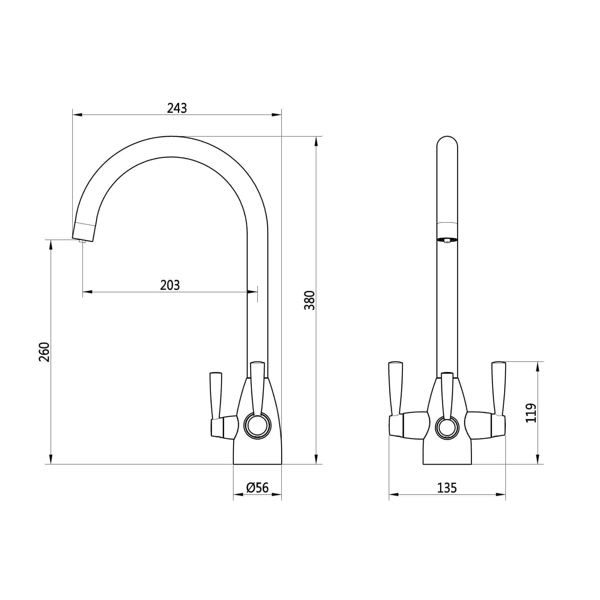Torino modern filter tap with twin levers - brushed nickel