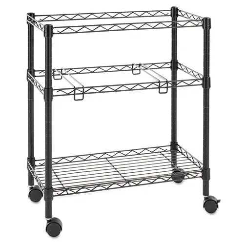 Two-tier File Cart For Front-to-back   Side-to-side Filing, Metal, 1 Shelf, 3 Bins, 26" X 14" X 29.5", Black