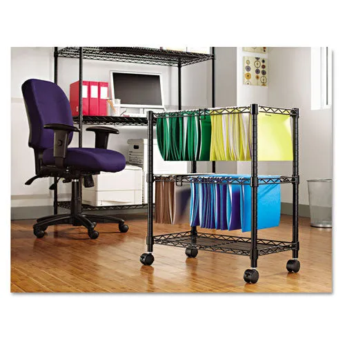 Two-tier File Cart For Front-to-back   Side-to-side Filing, Metal, 1 Shelf, 3 Bins, 26" X 14" X 29.5", Black