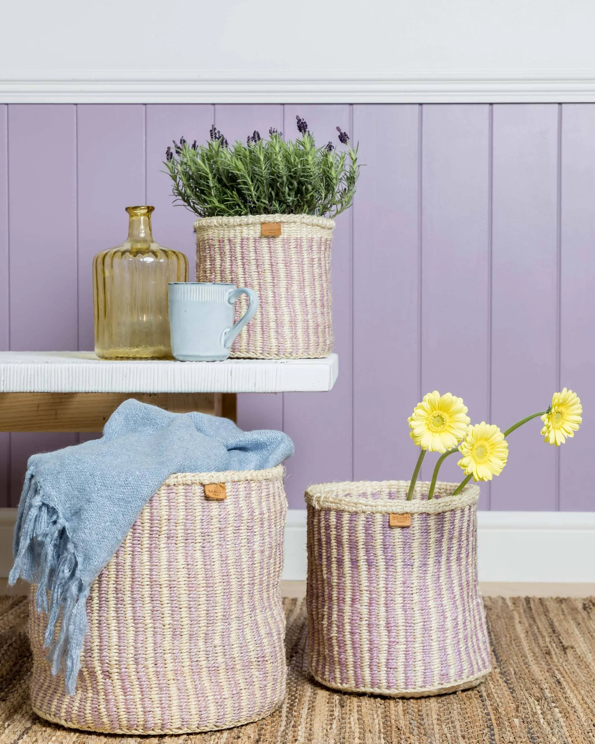 UMEME: Lavender Pinstripe Woven Storage Basket: Purple / M / Pinstripe