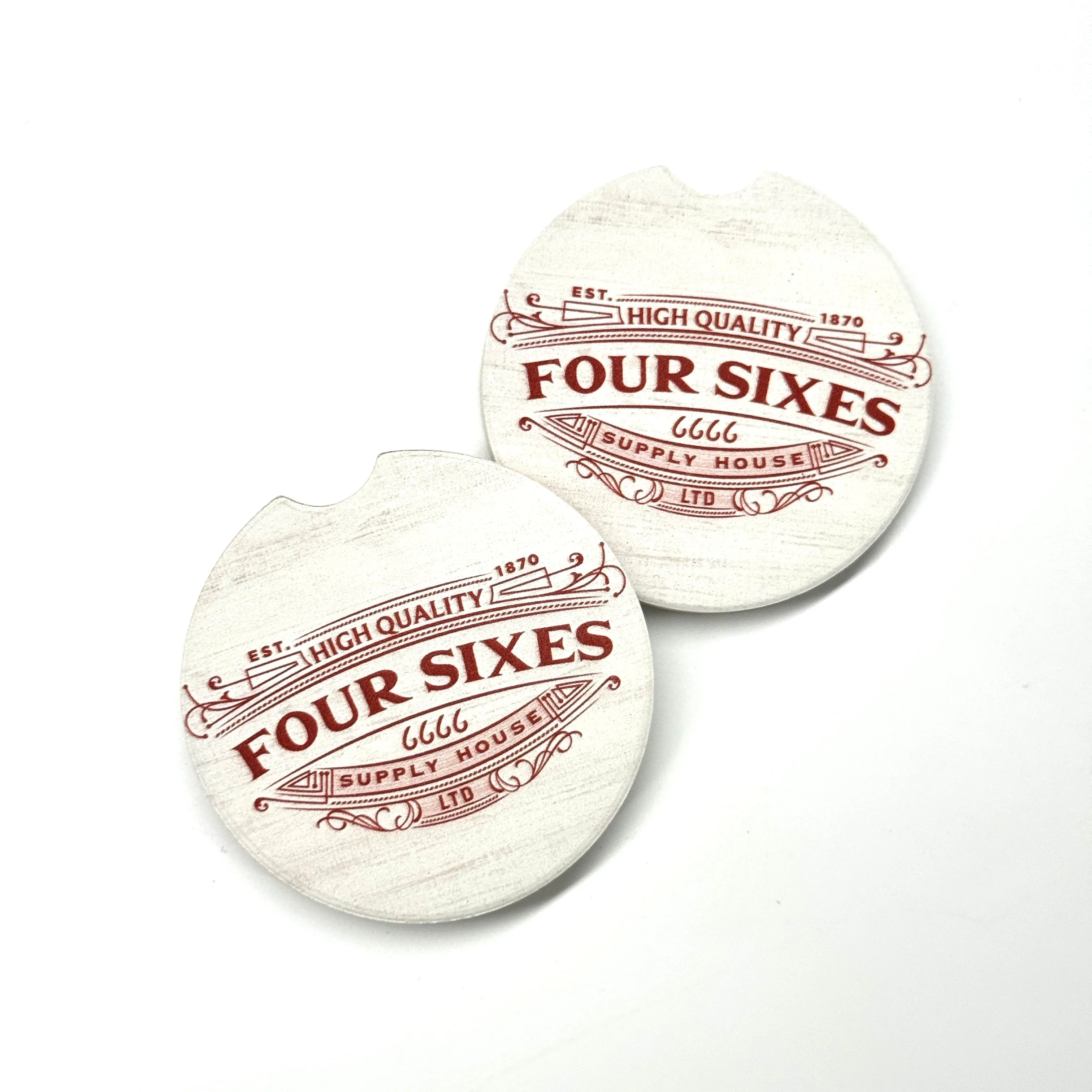 White Four Sixes Supply House Logo Car Coaster- Set of 2