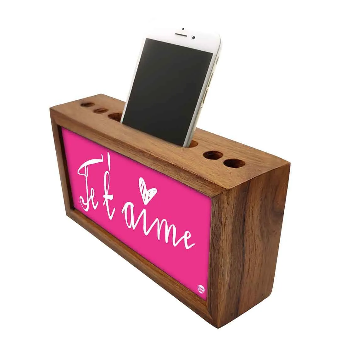 Wooden Phone and Pen Holder Table Organizer for Office - Je t'aime