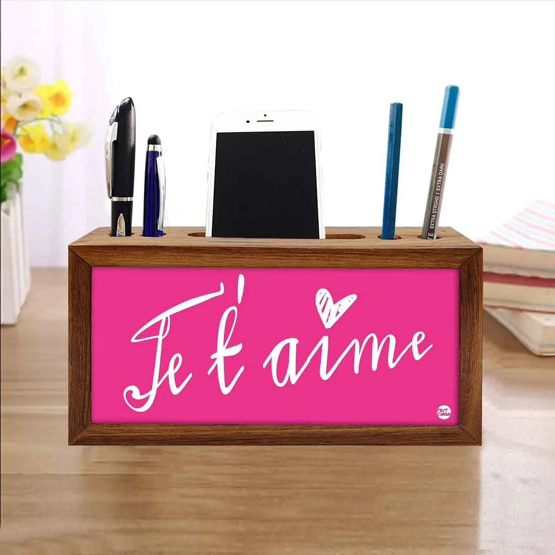 Wooden Phone and Pen Holder Table Organizer for Office - Je t'aime